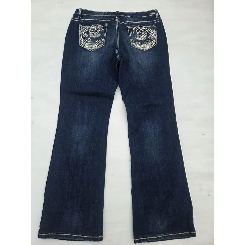 Code Bleu Jeans Andrea Bootcut Blue Denim Stretch Size 14/31R Bling Thick Stitch - Picture 6 of 10